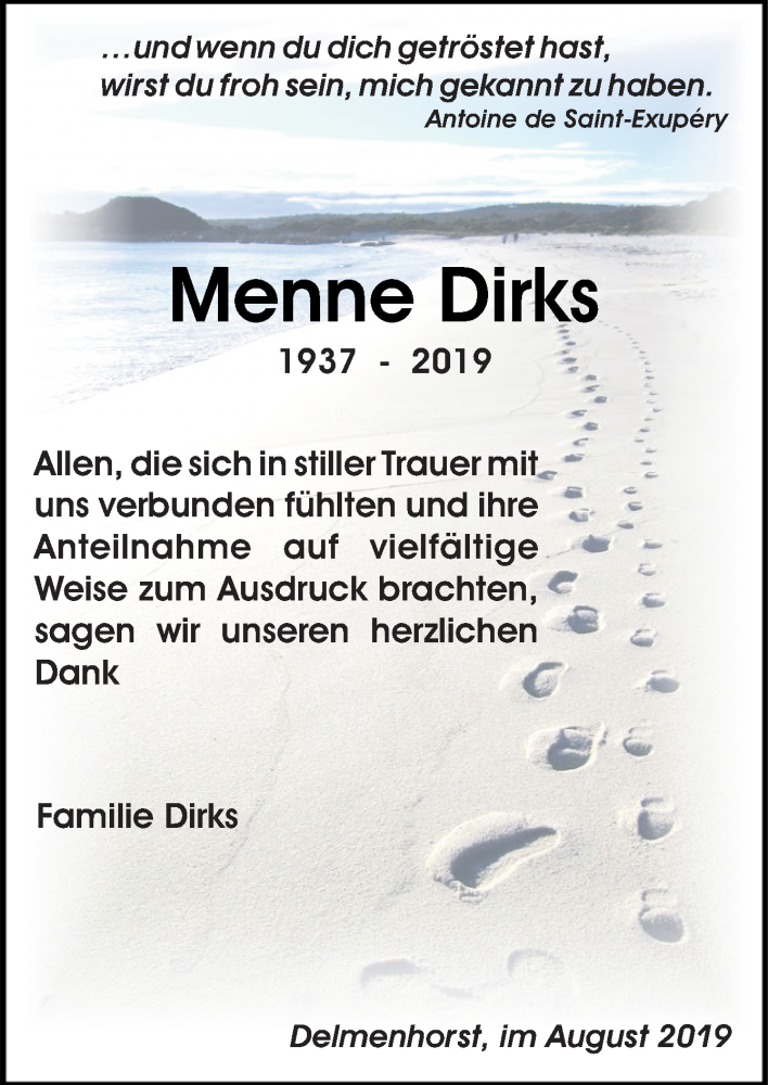  Traueranzeige für Menne Dirks vom 10.08.2019 aus Neue Osnabrücker Zeitung GmbH & Co. KG