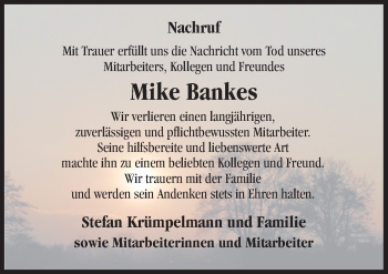 Traueranzeige von Mike Bankes von Neue Osnabrücker Zeitung GmbH & Co. KG