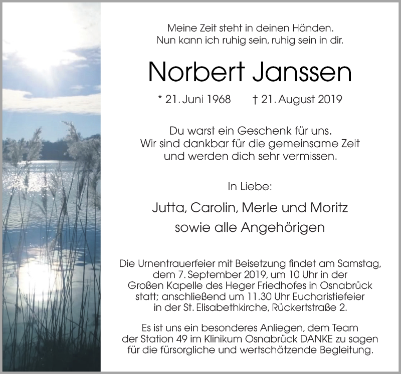  Traueranzeige für Norbert Janssen vom 24.08.2019 aus Neue Osnabrücker Zeitung GmbH & Co. KG