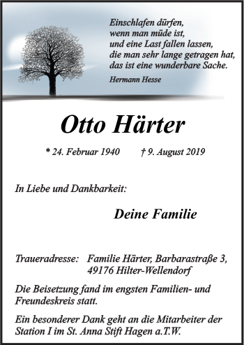 Traueranzeige von Otto Härter von Neue Osnabrücker Zeitung GmbH & Co. KG