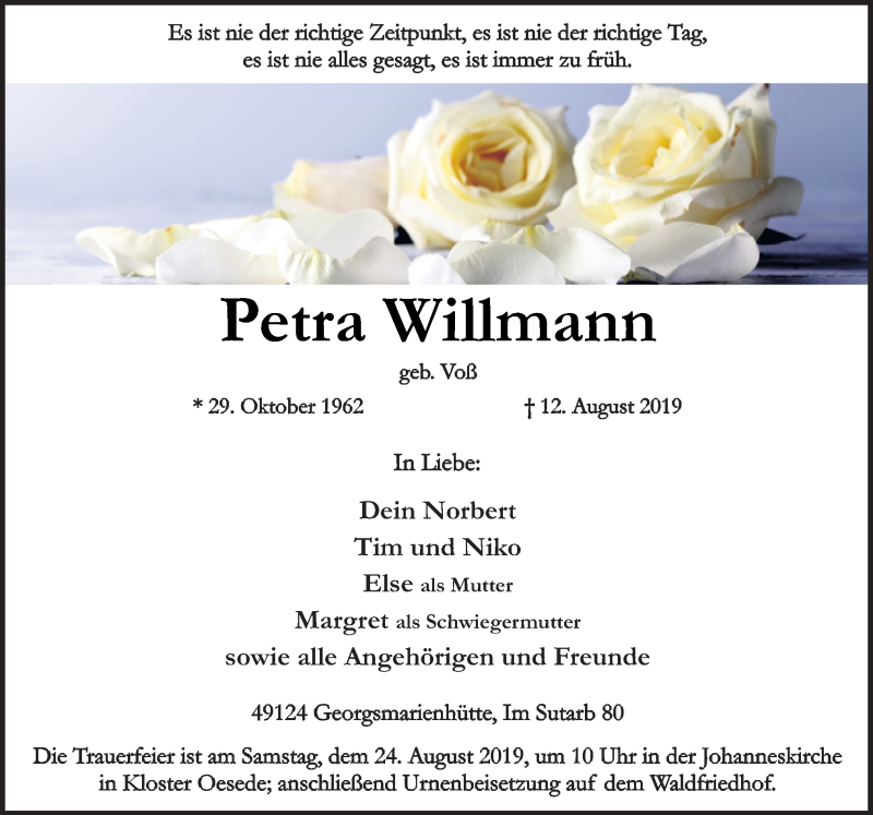  Traueranzeige für Petra Willmann vom 17.08.2019 aus Neue Osnabrücker Zeitung GmbH & Co. KG