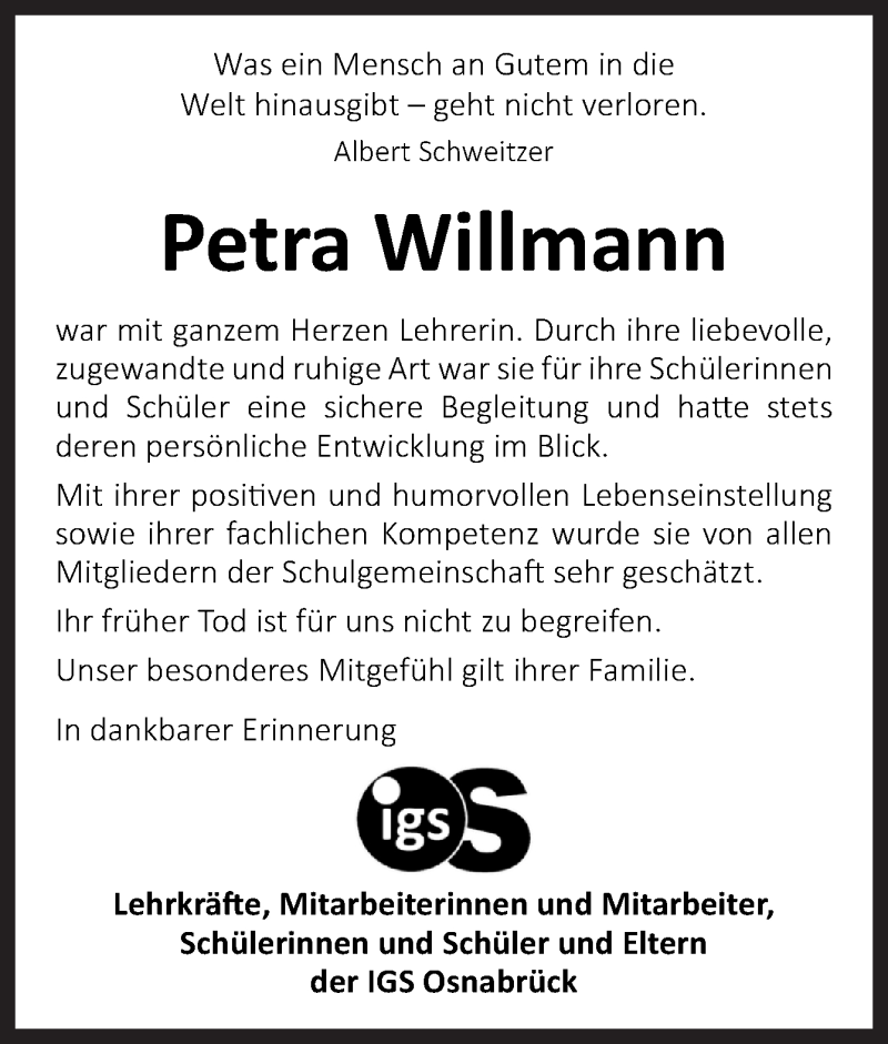  Traueranzeige für Petra Willmann vom 23.08.2019 aus Neue Osnabrücker Zeitung GmbH & Co. KG