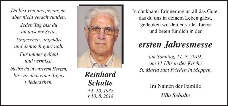  Traueranzeige für Reinhard Schulte vom 08.08.2019 aus Neue Osnabrücker Zeitung GmbH & Co. KG