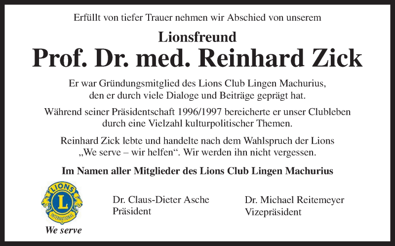  Traueranzeige für Reinhard Zick vom 12.08.2019 aus Neue Osnabrücker Zeitung GmbH & Co. KG