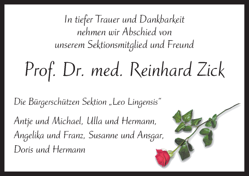  Traueranzeige für Reinhard Zick vom 16.08.2019 aus Neue Osnabrücker Zeitung GmbH & Co. KG