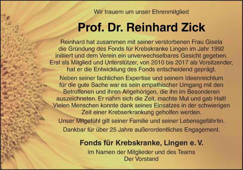  Traueranzeige für Reinhard Zick vom 13.08.2019 aus Neue Osnabrücker Zeitung GmbH & Co. KG