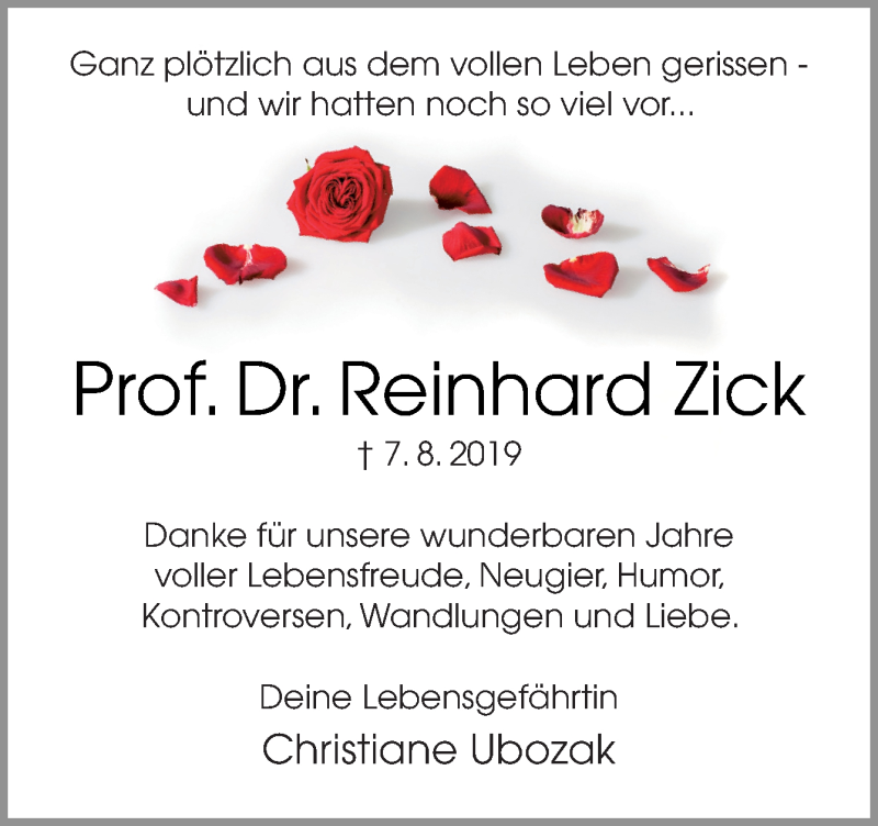  Traueranzeige für Reinhard Zick vom 10.08.2019 aus Neue Osnabrücker Zeitung GmbH & Co. KG