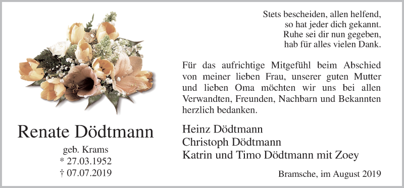  Traueranzeige für Renate Dödtmann vom 31.08.2019 aus Neue Osnabrücker Zeitung GmbH & Co. KG