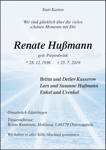 Traueranzeige von Renate Hußmann von Neue Osnabrücker Zeitung GmbH & Co. KG