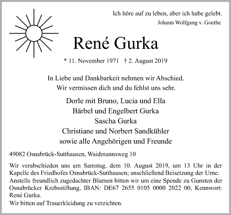 Traueranzeige für René Gurka vom 07.08.2019 aus Neue Osnabrücker Zeitung GmbH & Co. KG