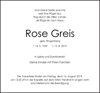 Traueranzeige von Rose Greis von Neue Osnabrücker Zeitung GmbH & Co. KG