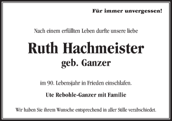 Traueranzeige von Ruth Hachmeister von Neue Osnabrücker Zeitung GmbH & Co. KG
