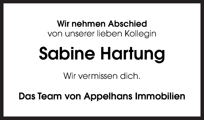  Traueranzeige für Sabine Hartung vom 03.08.2019 aus Neue Osnabrücker Zeitung GmbH & Co. KG