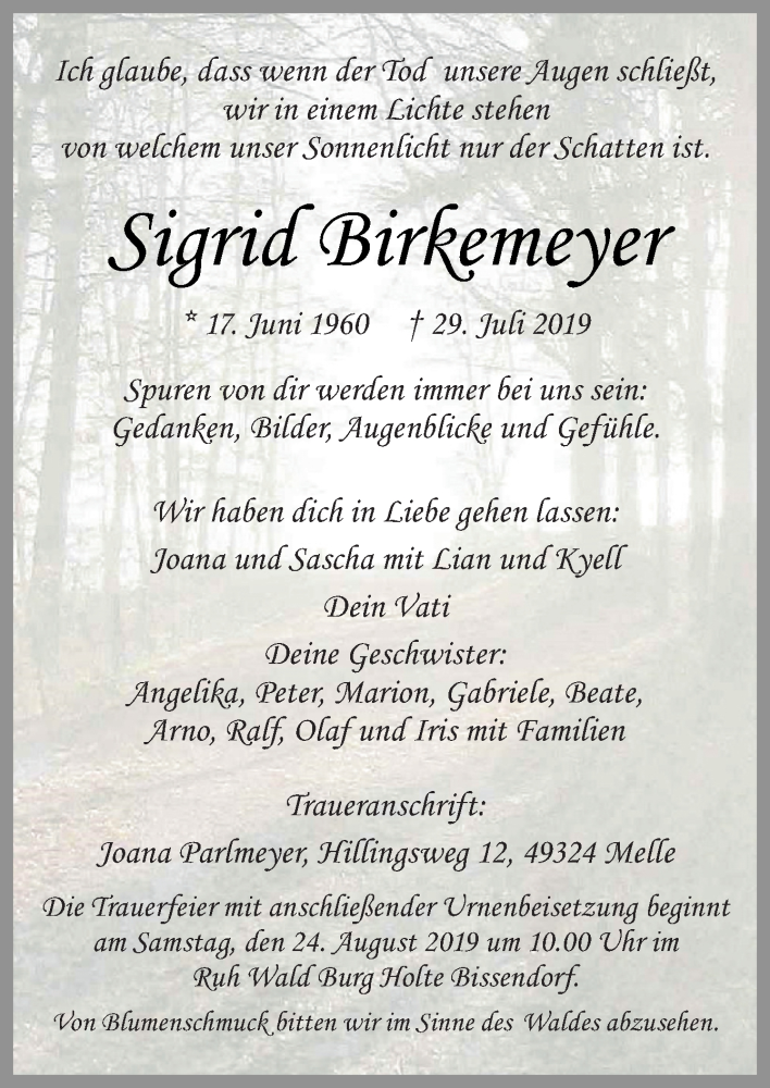  Traueranzeige für Sigrid Birkemeyer vom 14.08.2019 aus Neue Osnabrücker Zeitung GmbH & Co. KG