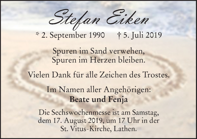  Traueranzeige für Stefan Eiken vom 14.08.2019 aus Neue Osnabrücker Zeitung GmbH & Co. KG