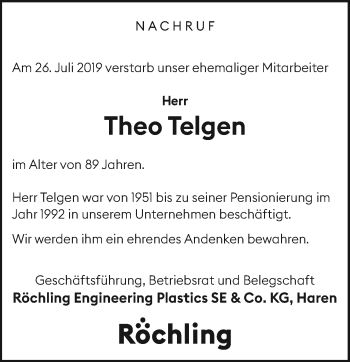 Traueranzeige von Theo Telgen von Neue Osnabrücker Zeitung GmbH & Co. KG