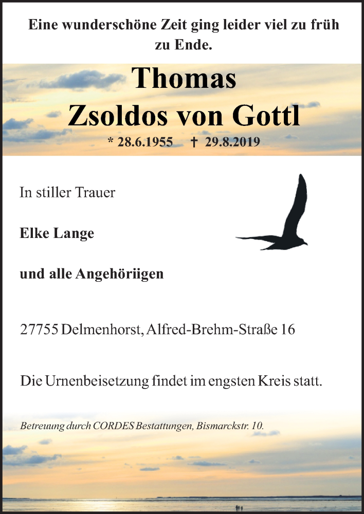  Traueranzeige für Thomas Zsoldos von Gottl vom 31.08.2019 aus Neue Osnabrücker Zeitung GmbH & Co. KG
