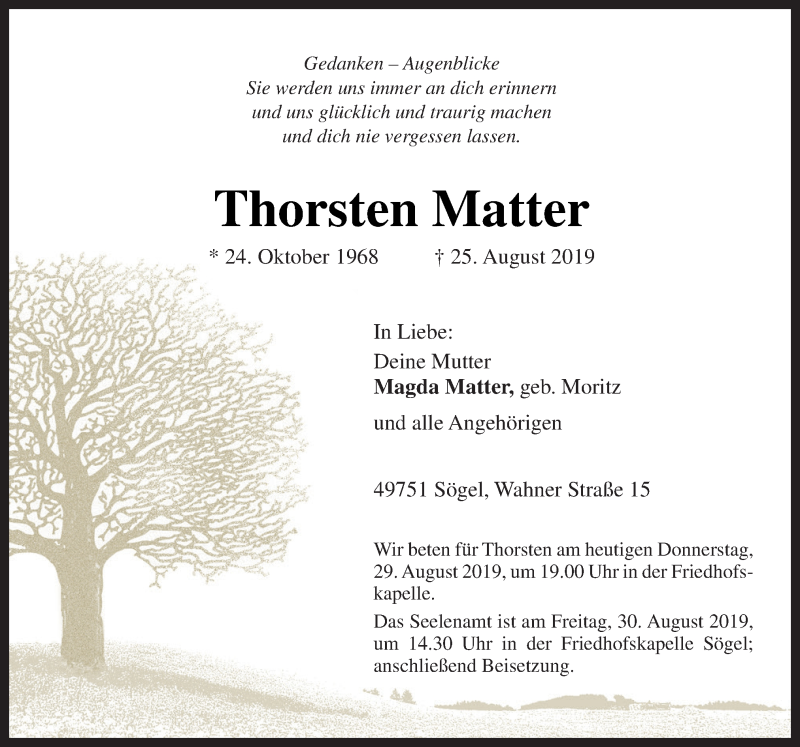 Traueranzeige für Thorsten Matter vom 29.08.2019 aus Neue Osnabrücker Zeitung GmbH & Co. KG