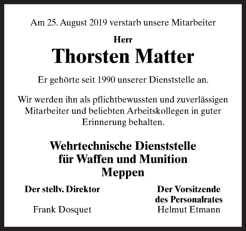  Traueranzeige für Thorsten Matter vom 30.08.2019 aus Neue Osnabrücker Zeitung GmbH & Co. KG