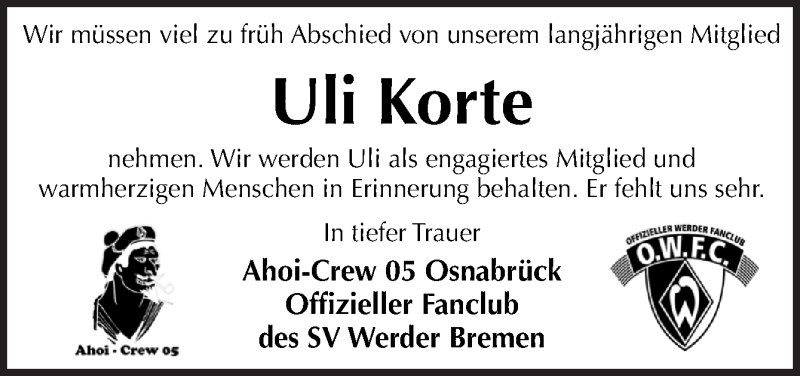  Traueranzeige für Uli Korte vom 27.08.2019 aus Neue Osnabrücker Zeitung GmbH & Co. KG
