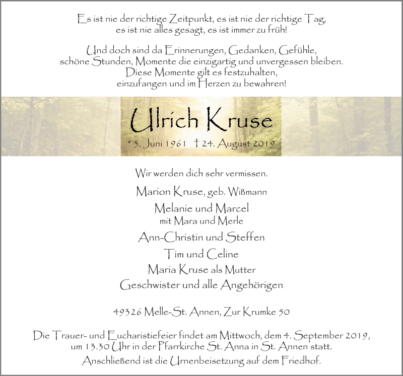  Traueranzeige für Ulrich Kruse vom 28.08.2019 aus Neue Osnabrücker Zeitung GmbH & Co. KG
