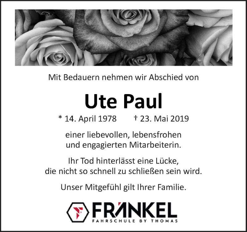  Traueranzeige für Ute Paul vom 03.08.2019 aus Neue Osnabrücker Zeitung GmbH & Co. KG