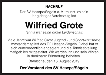 Traueranzeige von Wilfried Grote von Neue Osnabrücker Zeitung GmbH & Co. KG