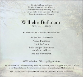 Traueranzeige von Wilhelm Bußmann von Neue Osnabrücker Zeitung GmbH & Co. KG