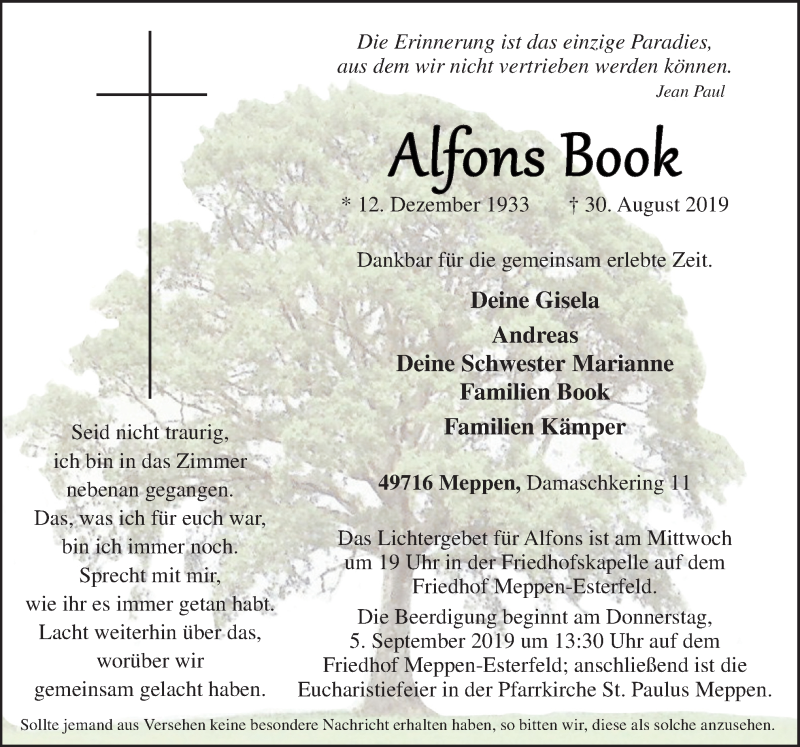  Traueranzeige für Alfons Book vom 03.09.2019 aus Neue Osnabrücker Zeitung GmbH & Co. KG