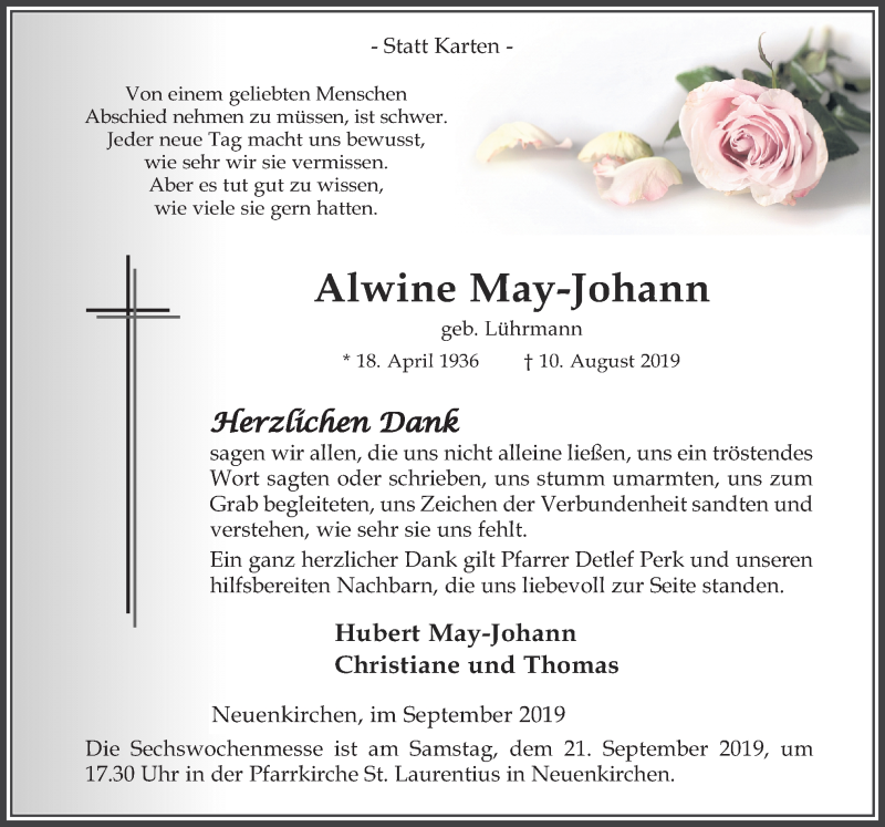  Traueranzeige für Alwine May-Johann vom 16.09.2019 aus Neue Osnabrücker Zeitung GmbH & Co. KG