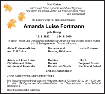 Traueranzeige von Amanda Luise Fortmann von Neue Osnabrücker Zeitung GmbH & Co. KG