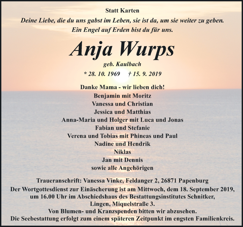  Traueranzeige für Anja Wurps vom 17.09.2019 aus Neue Osnabrücker Zeitung GmbH & Co. KG