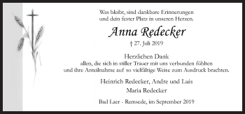 Traueranzeige von Anna Redecker von Neue Osnabrücker Zeitung GmbH & Co. KG