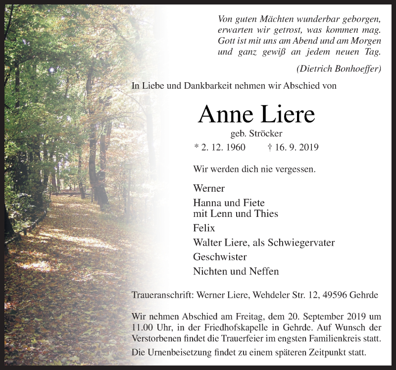  Traueranzeige für Anne Liere vom 18.09.2019 aus Neue Osnabrücker Zeitung GmbH & Co. KG