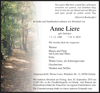 Traueranzeige von Anne Liere von Neue Osnabrücker Zeitung GmbH & Co. KG