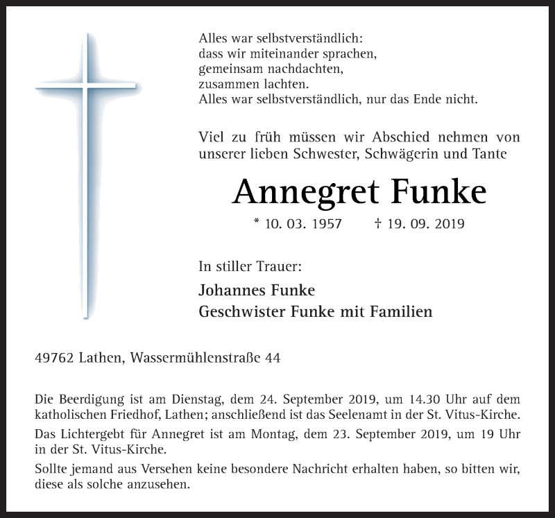  Traueranzeige für Annegret Funke vom 23.09.2019 aus Neue Osnabrücker Zeitung GmbH & Co. KG