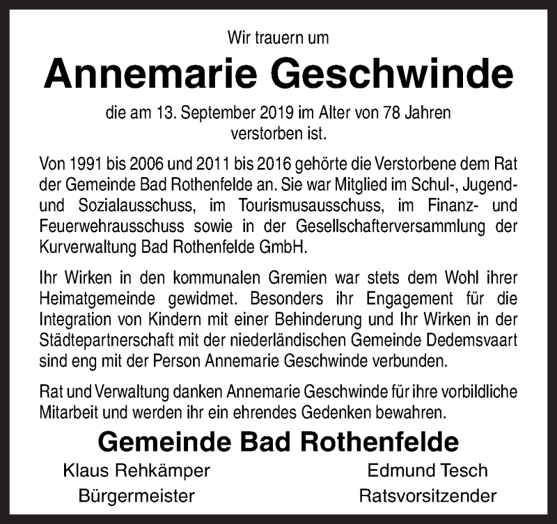  Traueranzeige für Annemarie Geschwinde vom 21.09.2019 aus Neue Osnabrücker Zeitung GmbH & Co. KG