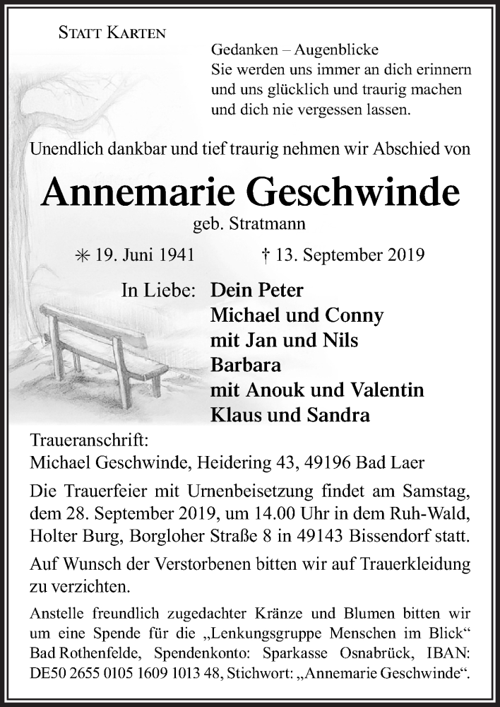  Traueranzeige für Annemarie Geschwinde vom 21.09.2019 aus Neue Osnabrücker Zeitung GmbH & Co. KG