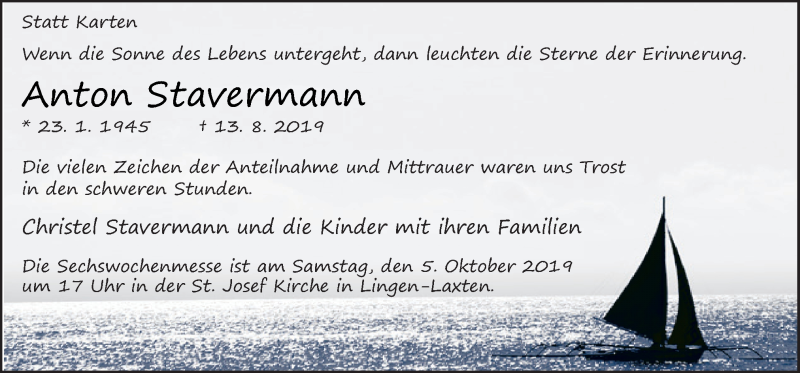  Traueranzeige für Anton Stavermann vom 28.09.2019 aus Neue Osnabrücker Zeitung GmbH & Co. KG