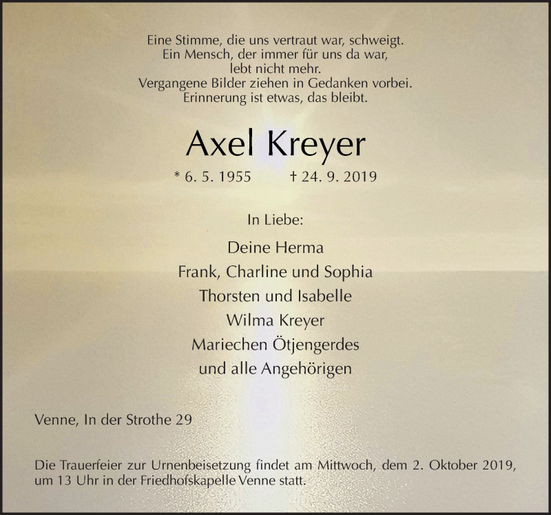  Traueranzeige für Axel Kreyer vom 28.09.2019 aus Neue Osnabrücker Zeitung GmbH & Co. KG