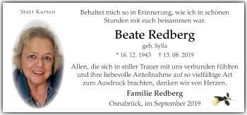Traueranzeige von Beate Redberg von Neue Osnabrücker Zeitung GmbH & Co. KG