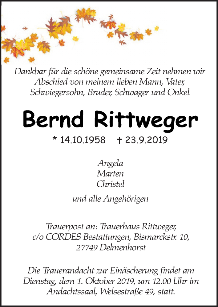  Traueranzeige für Bernd Rittweger vom 27.09.2019 aus Neue Osnabrücker Zeitung GmbH & Co. KG