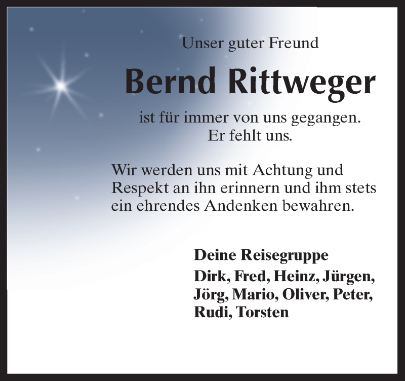  Traueranzeige für Bernd Rittweger vom 27.09.2019 aus Neue Osnabrücker Zeitung GmbH & Co. KG