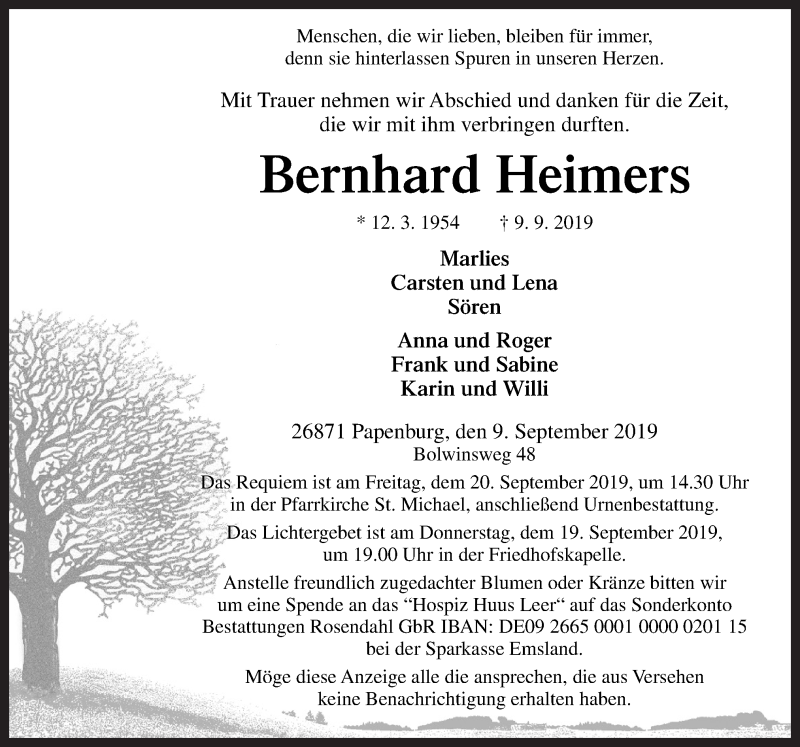  Traueranzeige für Bernhard Heimers vom 14.09.2019 aus Neue Osnabrücker Zeitung GmbH & Co. KG