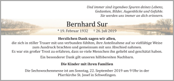 Traueranzeige von Bernhard Sur von Neue Osnabrücker Zeitung GmbH & Co. KG