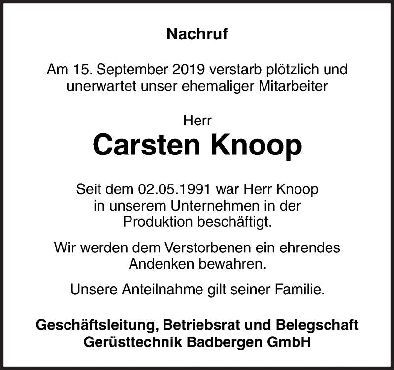  Traueranzeige für Carsten Knoop vom 20.09.2019 aus Neue Osnabrücker Zeitung GmbH & Co. KG