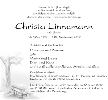 Traueranzeige von Christa Linnemann von Neue Osnabrücker Zeitung GmbH & Co. KG