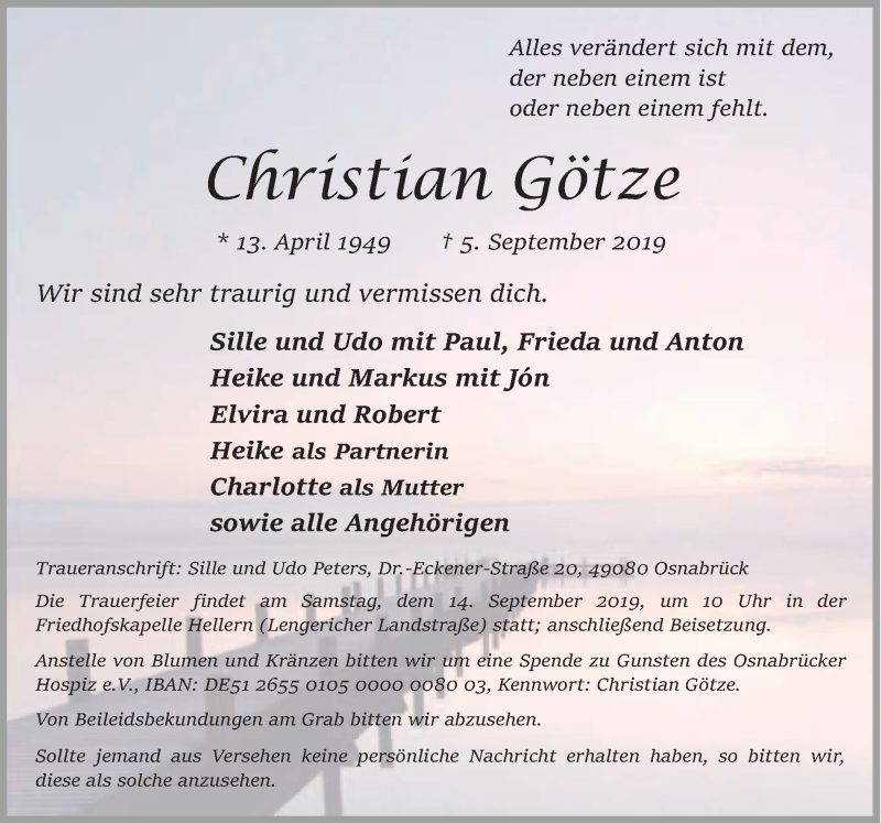  Traueranzeige für Christian Götze vom 11.09.2019 aus Neue Osnabrücker Zeitung GmbH & Co. KG