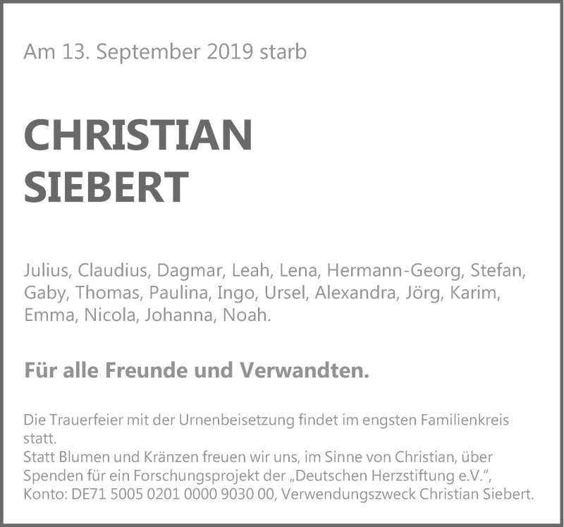  Traueranzeige für Christian Siebert vom 21.09.2019 aus Neue Osnabrücker Zeitung GmbH & Co. KG