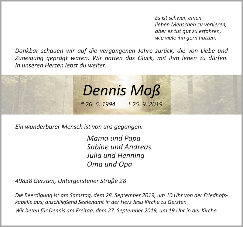  Traueranzeige für Dennis Moß vom 27.09.2019 aus Neue Osnabrücker Zeitung GmbH & Co. KG